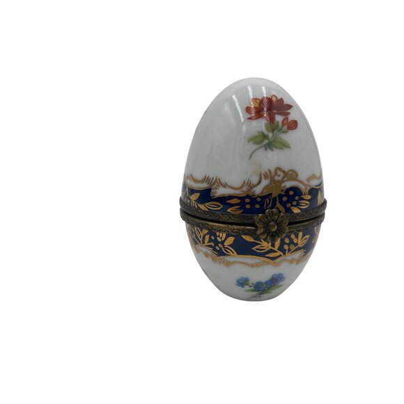 Vintage Limoges France Floral Porcelain Egg Trinket Box Hinged Lid Gold Detailin - Picture 5 of 8